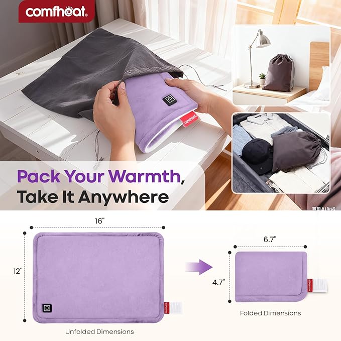 USB Plug-in Heating Pad for Travel Warmth Outdoors, Non-Rechargeable Small Heated Pad 5V Heat Therapy for Pain Relief Abdomen Cramps, 3 Heat Settings & Auto Shut Off (12"x 16") Purple