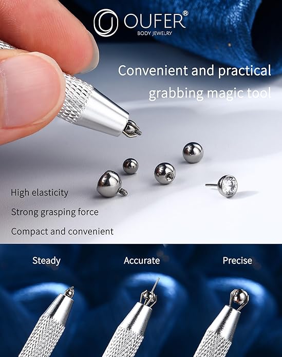OUFER Piercing Ball Grabber, 16G 18G Flat Back Earrings Piercing Guide needle Tool, Surgical Steel Internally Threaded Push Pin External Thread Assistant Body Piercing Kit for Ear Nose Lip Tool