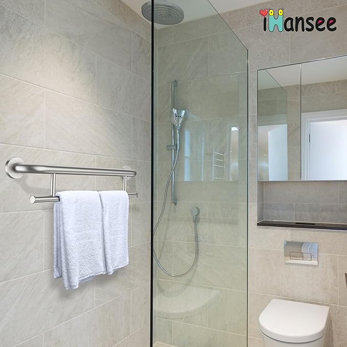 Brushed Nickel Grab Bar 24 Inch w/Towel Holder, iHansee Stainless Steel Towel Rack Shower Support Balanced Support Handle, Wall Mount Safety Handrail Grab Rail for Elderly Senior Handicap Disabled