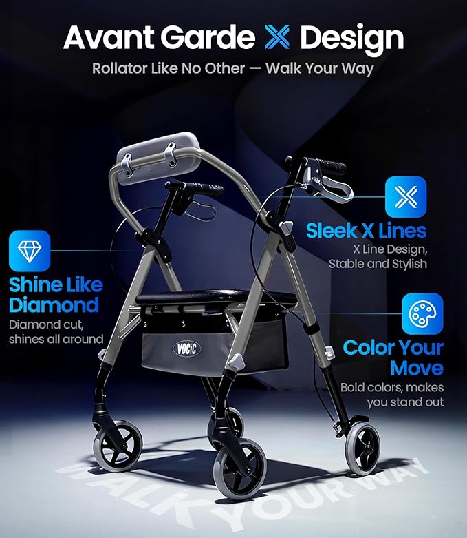 VOCIC Walkers for Seniors, Z11 Rollator Walker with Seat, Max 380 lbs, Avant Walkers with Ergo Seat & Backrest, Foldable Rollator Adjustable Height, All Terrain Walker, Lightweight
