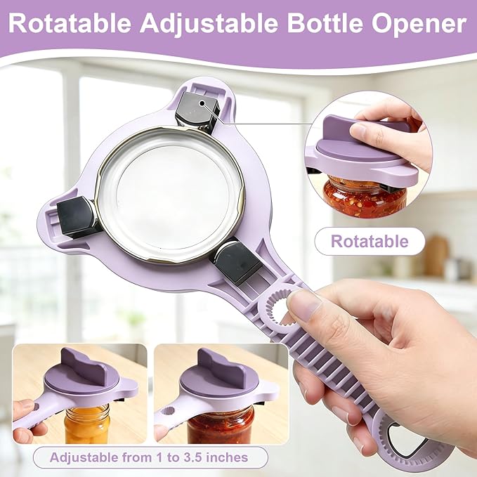 Multi-Functional 4-in-1 Jar Opener, Adjustable Stainless Steel Bottle Opener for Multi Size Jar Bottles with Ergonomic Non-Slip Handle Grip, Kitchen Helper for Seniors Weak Hands Arthritis