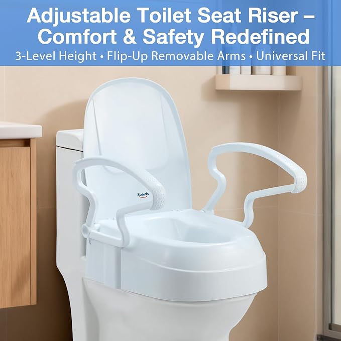 Raised Toilet Seat Risers for Seniors, Elevated Toilet Seat with Handles, 3-Level Height Adjustable, Support up to 300 Lbs