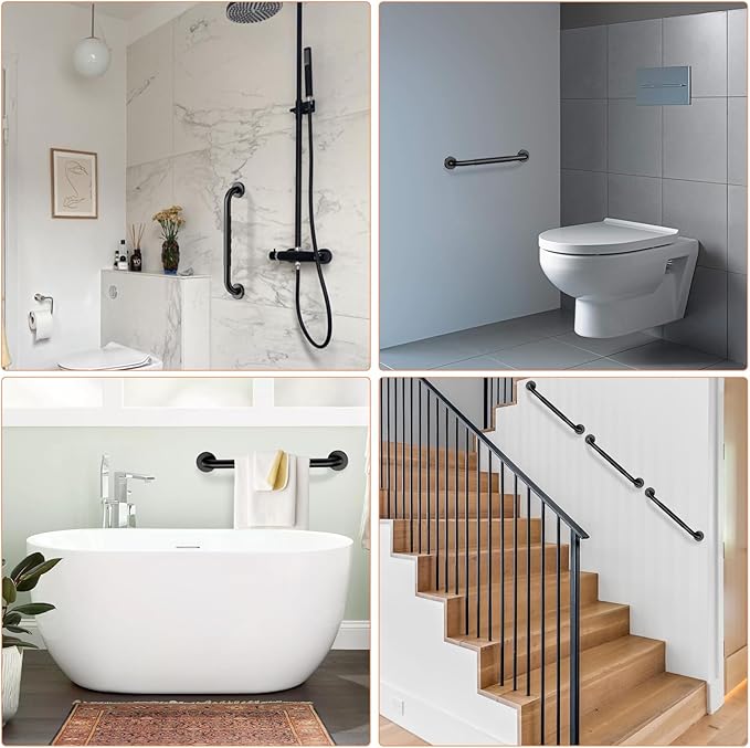 16 Inch Black Shower Grab Bar w/Anti Slip Rubber Grip, ZUEXT Stainless Steel Bath Grab Bar, Bathroom Balance Bar, Wall Mount Safety Handrail Support, Handicap Injury Elderly Senior Assist Handle