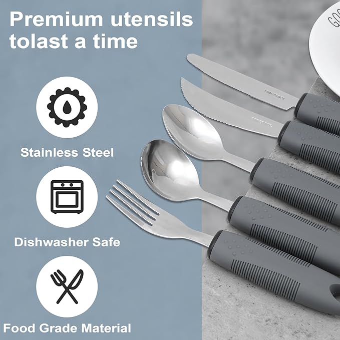 Adaptive Utensils, Weighted Utensils for Hand Tremors, Utensils for Parkinsons Patients,Elderly,Arthritis,Weak Hand Grip,Tremors & Handicapped. Stainless Steel Knife,Fork and Spoons Set (regular 5pcs)
