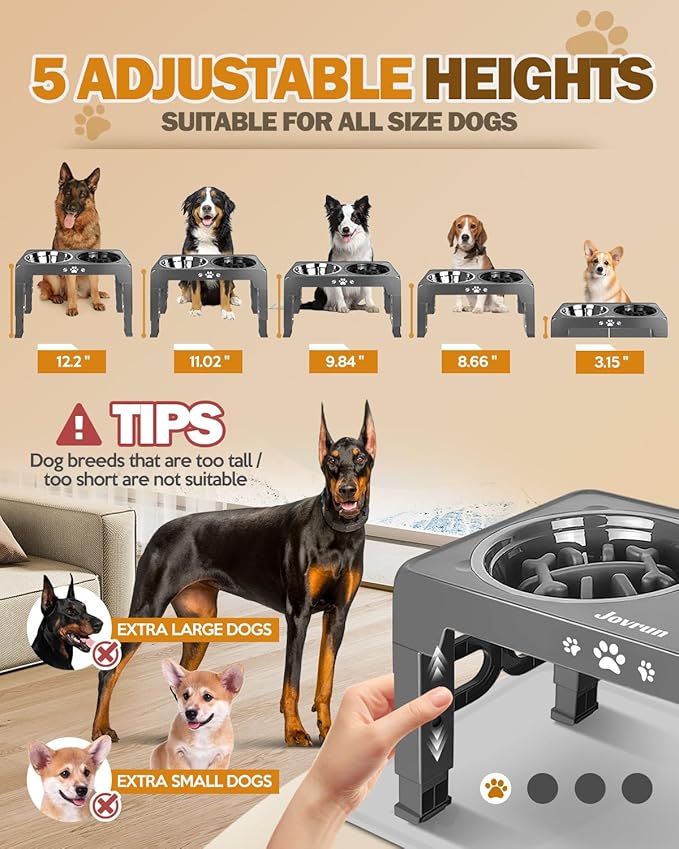 Jovrun Elevated Dog Bowls for Medium Size Dogs with Mat, Non-Slip Dog Feeder with 1*Stainless Steel Dishes & 1*Slow Feeder Bowl, 5 Heights Adjustable Raised Bowls for 3.15″-8.66″-9.84″-11.02″-12.2″
