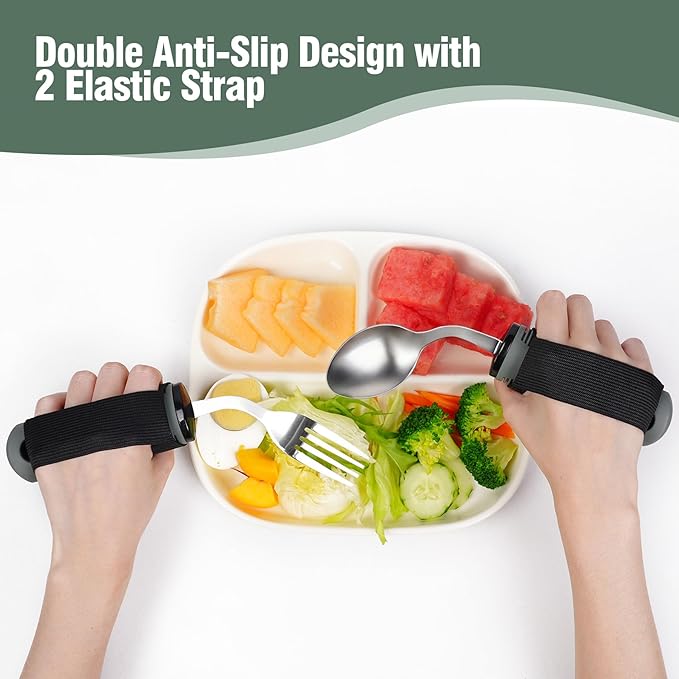 Adaptive Utensils Set, 4-Piece Weighted Utensils with 2 Elastic Strap for Parkinson’s, Arthritis and Hand Tremors, Non-Slip Handles for Easy Grip & Independence, Right Handed