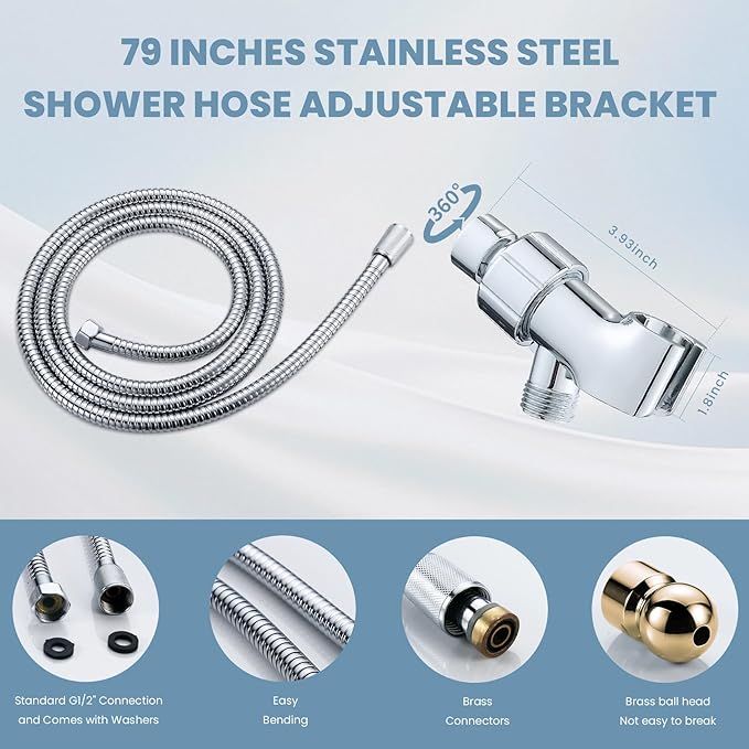 Hand Held Shower Head with 79 Inches Extra Long Hose,7 Modes Detachable Shower Wand with ON OFF Switch,High Pressure Handheld Shower Head with Built in Shower Sprayer,Shower Brackect,Chrome