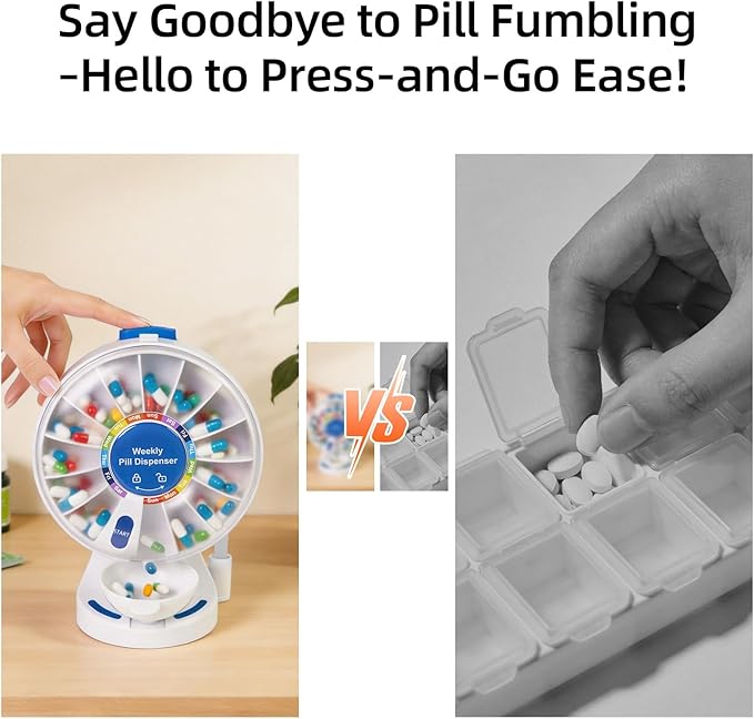 Standing Daily Pill Dispenser 14-Day Organizer - One-Touch Button with Child Lock,Weekly Pill Organizer Vitamin Medicine Case with Tweezer for Seniors, Caregivers, Adults