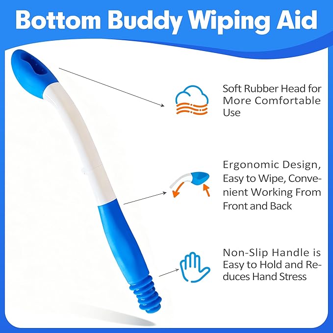 Foldable Bottom Buddy Wiping Aid with Storage Bag & Hook, 15.7" Long Reach Butt Wiper Toilet Aids for Wiping Bottom, Toilet Assistance for Elderly, Disabled, Overweight, Wiping Aids for Toileting