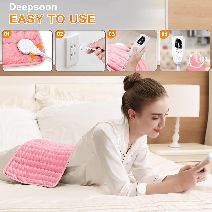 Deepsoon Heating Pad,Electric Heating Pads for Back,Neck,Moist Heating Pad for Abdomen Shoulder Knee Legs,Dry/Moist Heat&Auto Shut Off,Mother's Day Birthday for Men and Women,BabyPink,24x12 Inch