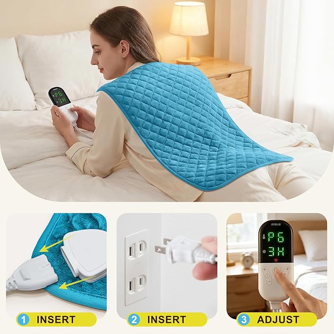 Extra Large Heating Pad for Back Pain 32"x24" King Size XL Electric Heating Pad for Period Cramps Relief & Body Neck Shoulder Auto Shut Off Heat Pad Temperature Settings Machine Washable Blue