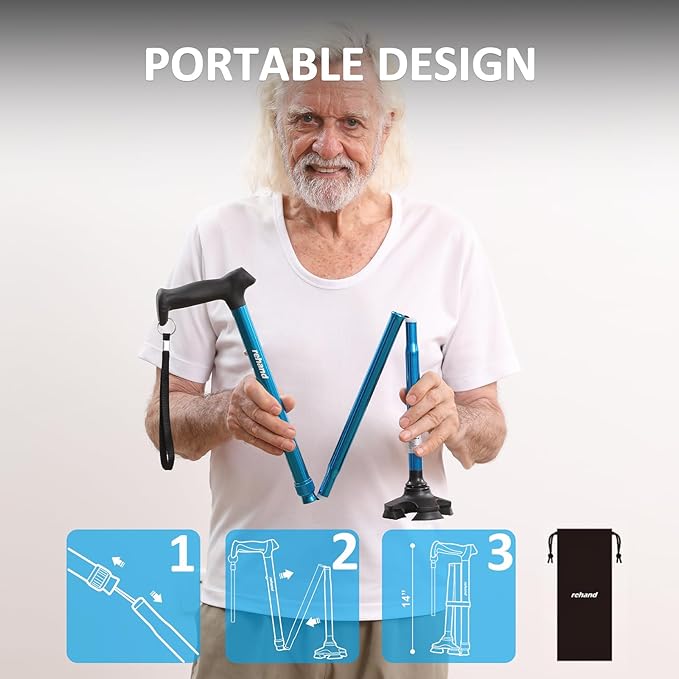 REHAND Walking Cane for Men & Women - Foldable, Adjustable, Lightweight, Self Standing Pivot Walking Cane, Soft Handle Grip, with Travel Bag, Walking Sticks for Seniors & Adults