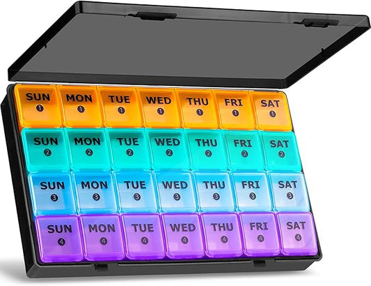 XL Large Monthly Pill Organizer 4 Weeks, 28 Day Pill Organizer Weekly, Big Compartment with Travel Case, 7 Day Pill Dispenser 4 Times a Day, Medicine Organizer Box for Vitamin, Fish Oil （Black）
