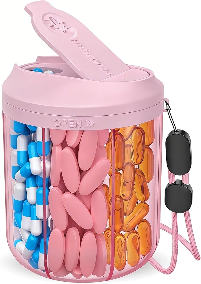 HIONXMGA Pill Organizer with 7 Large Compartments, Pill Dispenser for Travel, Supplement Organizer with Anti-Mixing Design, BPA-Free Pill Container with 20 Pcs Labels, Pink