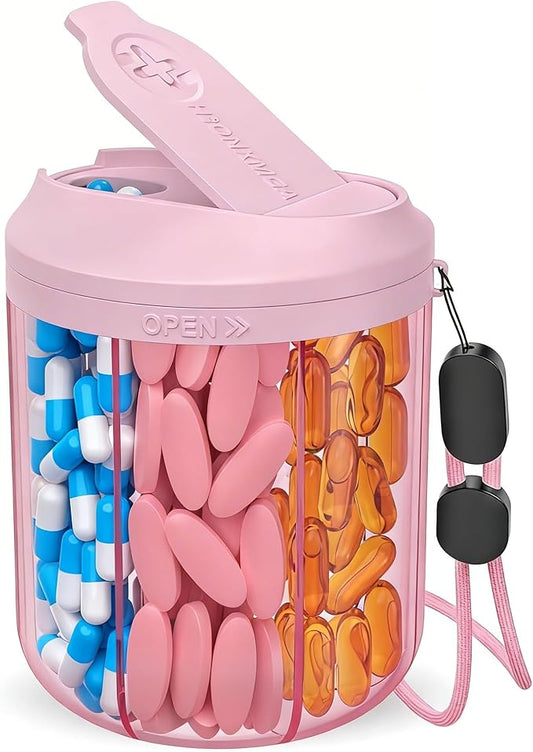 HIONXMGA Pill Organizer with 7 Large Compartments, Pill Dispenser for Travel, Supplement Organizer with Anti-Mixing Design, BPA-Free Pill Container with 20 Pcs Labels, Pink