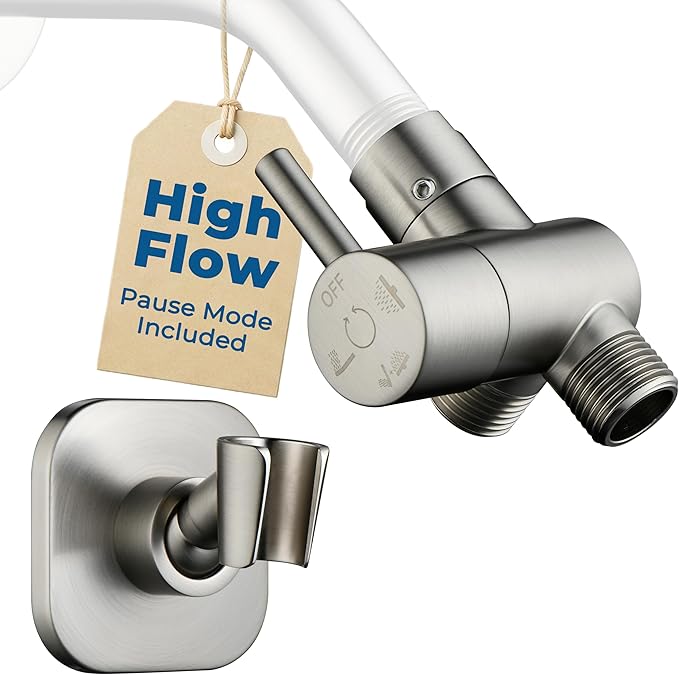G-Promise All Metal High Flow Shower Diverter Valve with Adjustable Shower Head Holder, Universal 3-Way Splitter with Pause Mode for Handheld and Fixed Spray Head Adapter Replacement (Brushed Nickel)