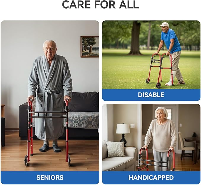 Loyoda Folding Walkers for Seniors Lightweight Walker with 5'' Front Wheel Height and Width Adjustable Aluminum Standard Walker for Elderly Handicap (Red)