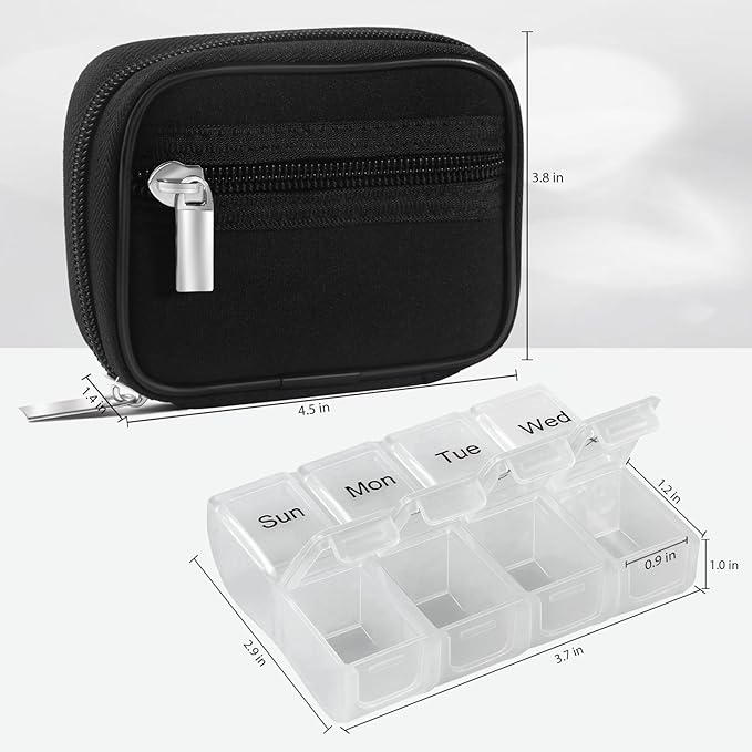 Pill Case Weekly Travel Pill Organizer for Purse with Removable 7 Day Pill Box Premium Neoprene Pill Container for Travel Purse Accessory, Vitamin, Supplement, Small Pieces Arrangement-Elegant Black