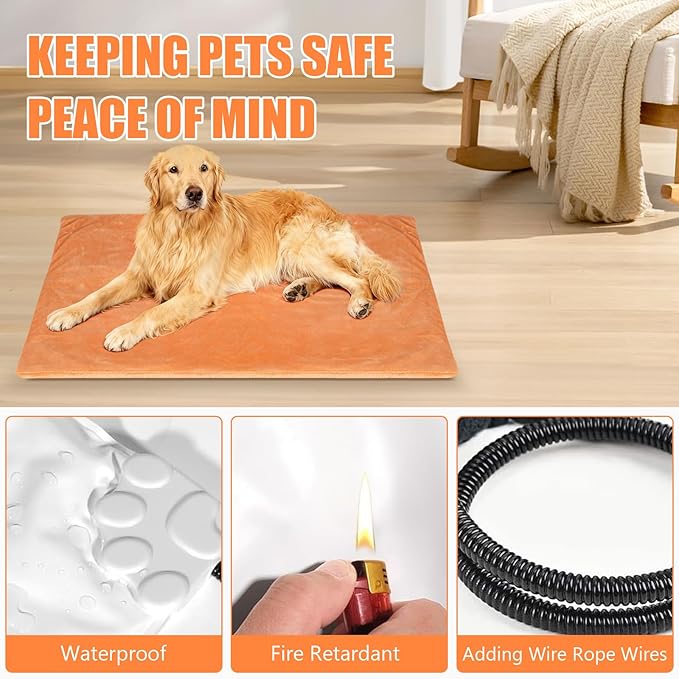 RIOGOO Pet Heating Pad, Electric Heating Pad for Dogs and Cats with Timer, 6 Level Adjustable Temperature Dog Heated Blanket (Brown, L:35‘’x22‘’)