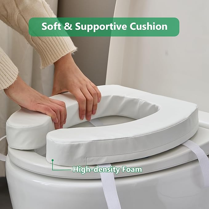 Toilet Seat Riser Cushion for Seniors, Raised Padded Bathroom Riser with Soft Foam, Portable Seat Elevator for Post Surgery Recovery, Hip & Knee Pain Relief, Arthritis Support & Low Toilets