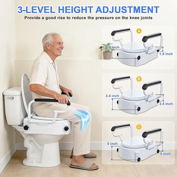Raised Toilet Seat with Handles - Adjustable Height - Add 5 inches - Toilet Seat Risers for Seniors - Supports 300lbs - for Standard/Round Toilet, Includes Lid, Elevated Toilet Seat, White