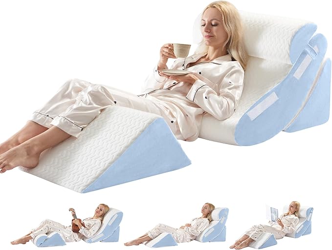 WSOFRLAC 4PCS Wedge Pillow Set for Sleeping – Orthopedic Bed Pillow for Post Surgery, Adjustable Memory Foam Support for Sitting Up in Bed, Back Pain, GERD, Snoring Relief, White Blue