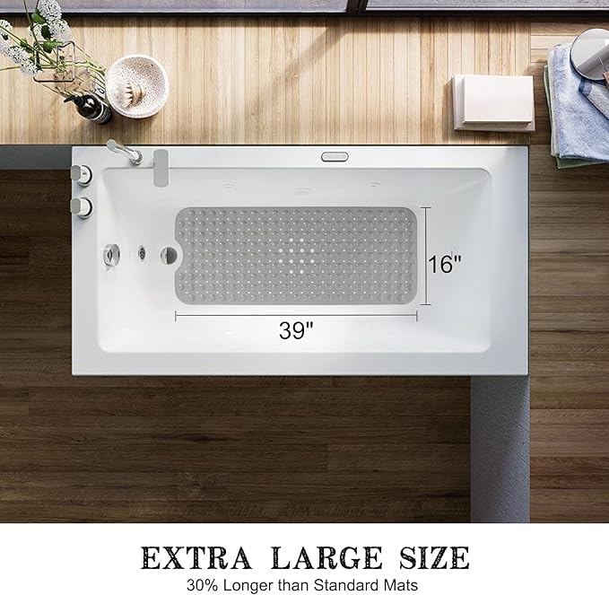 Linoows Bathtub and Shower Mats, Extra Long Non-Slip Bath Tub Mat 39 x 16 Inch, Machine Washable Bathmat with Suction Cups & Drain Holes for Bathroom Floor, Gray