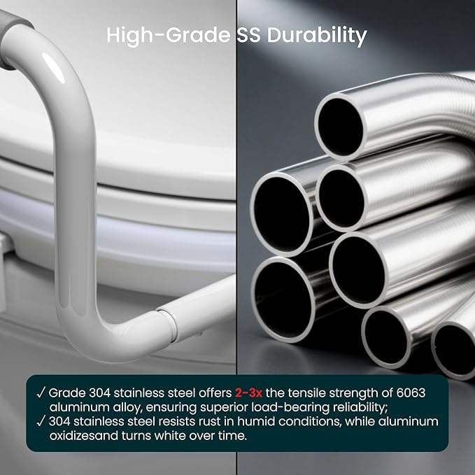R&T 2" Toilet Seat Riser with Handles – Comfortable Raised Toilet Seat for Seniors, Fits for Elongated Toilets, Elevated Seat with Soft Grey Padded Arms for Bathroom
