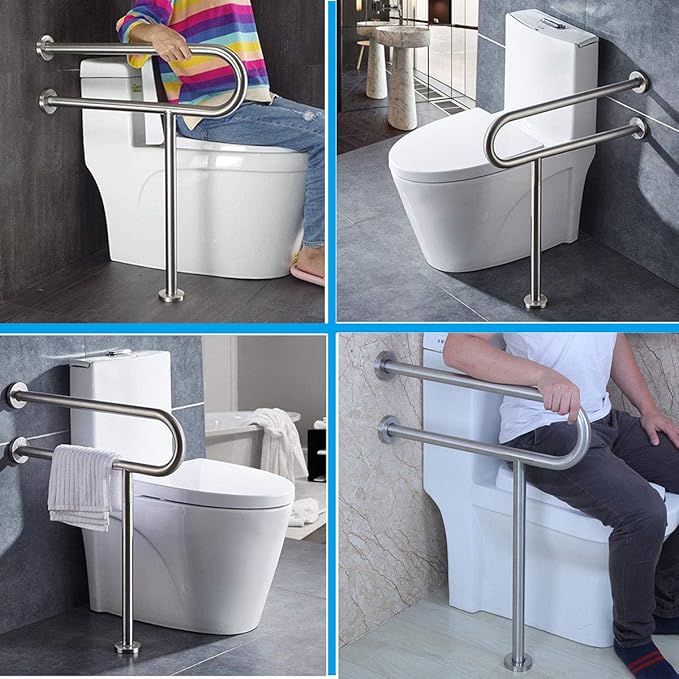 FlySkip Toilet Grab Bar,24 Inch Stainless Steel Handicap Rail for Bathroom Shower Safety,Non-Slip Hand Grips for Disabled, Elderly, Handicapped, and Pregnant Women,Floor to Wall-Mounted Support Bar