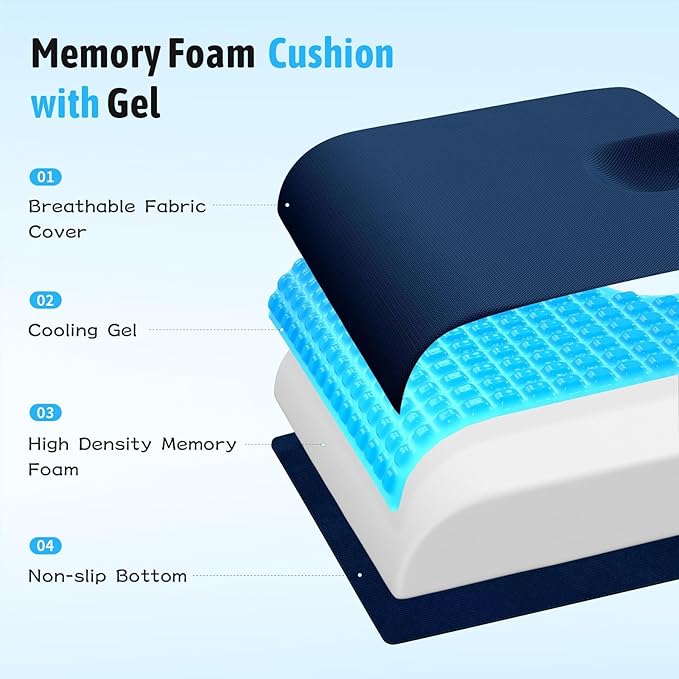 TranquilMoments U-Shaped Gel Memory Foam Seat Cushion, Wheelchair Cushion with Cooling Gel, Ergonomic Coccyx Cushion for Office Chair & Car,Relieve Tailbone Pain, Sciatica, Back Pain, Non-Slip Bottom