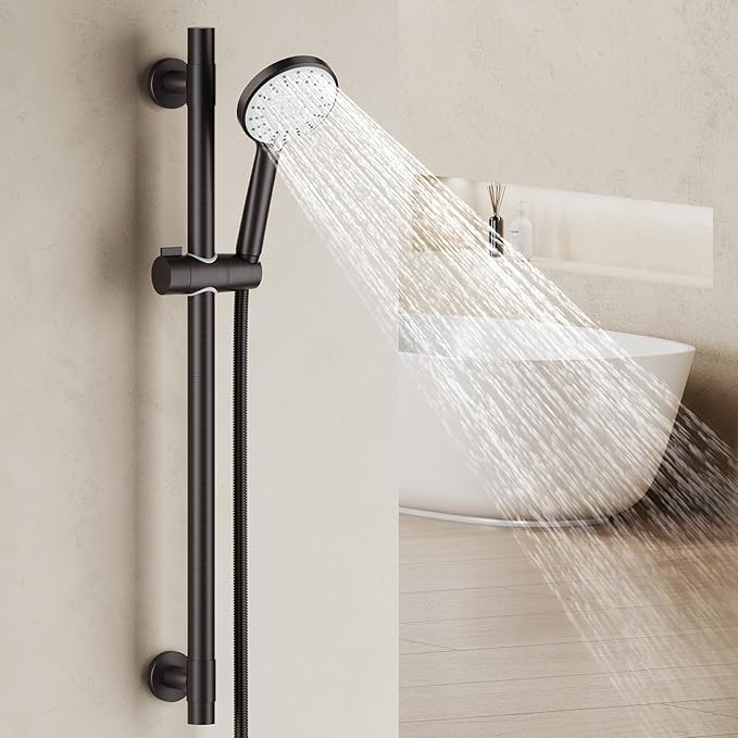 Shower Slide Bar Handheld Shower Head with Hose, 5-Function Hand Shower with Wall Mount，shower slide bar,adjustable height shower head (A-round, ORB)