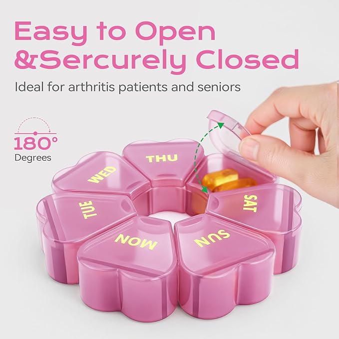 Pill Organizer Weekly - Cute Medicine Pill Organizer 7 Day, Large Daily Pill Box for Travel, SHIJOINYU Pill Dispenser Case 1 Time a Day for Medication/Supplement/Fish Oil (Pink)