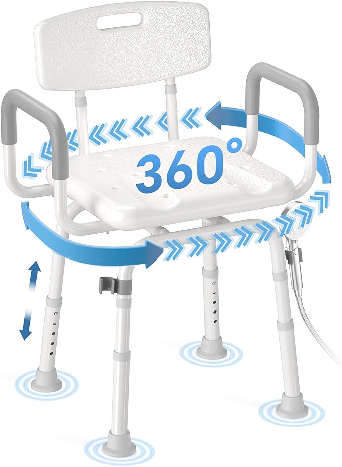 Swivel Shower Chair with Removable Back and Arms, Shower Chair for Inside Shower & Bathroom Seat, 5-Level Height Adjustable Shower Chair for Elderly and Disabled, Gray