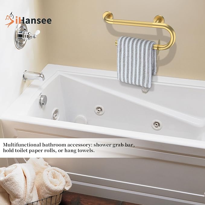 𝐔𝐩𝐠𝐫𝐚𝐝𝐞𝐝 Toilet Grab Bars 16 Inch - Toilet Paper Holder Grab Bar Stainless Steel Knurled Toilet Grab Bars for Seniors Bathtub Bathroom Rails for Elderly Bath Safety Balance Support, Gold