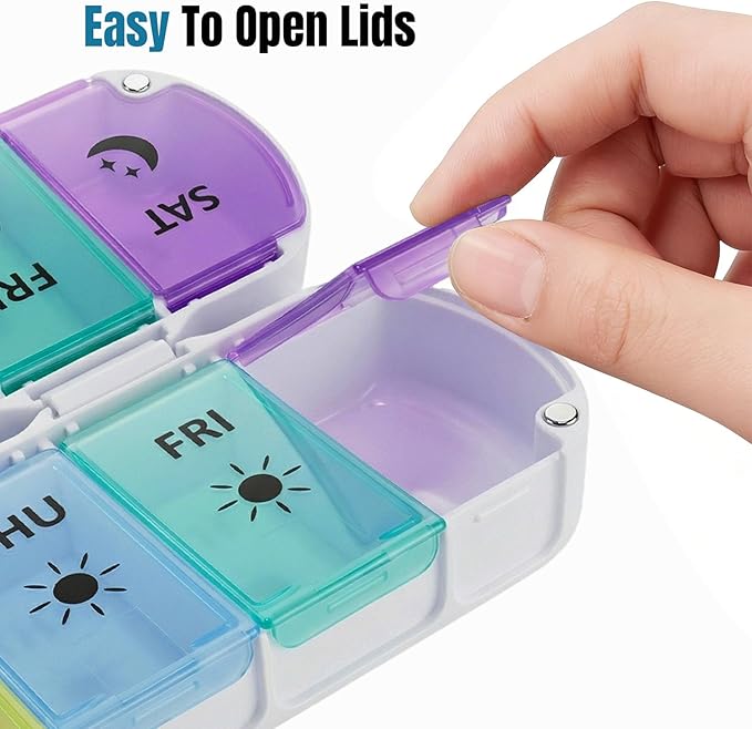 Weekly Pill Organizer 2 Times a Day, Magnetic Foldable AM PM Pill Box with Dual Protection, Large Travel Medication Case for Vitamins, Fish Oils, Supplements (Rainbow Color)