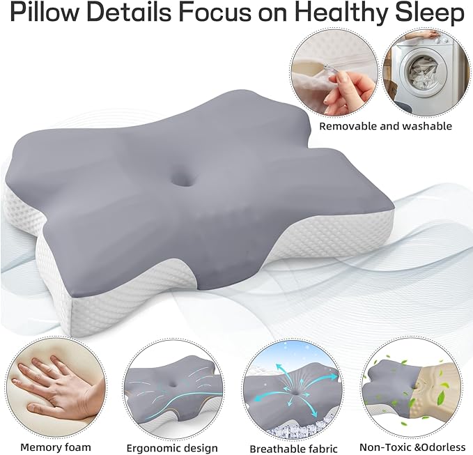 Cervical Neck Pillow for Pain Relief, Ergonomic Neck Support Pillow for Side Sleeper, Contour Memory Foam Pillows with Cooling Pillowcase Orthopedic Bed Pillow for Back Stomach Sleepers, Grey