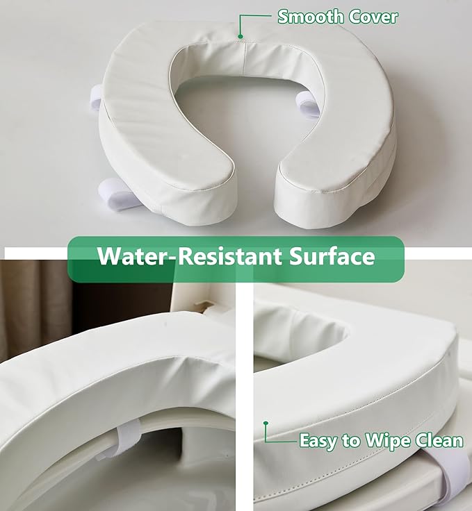 Toilet Seat Riser Cushion for Seniors, Raised Padded Bathroom Riser with Soft Foam, Portable Seat Elevator for Post Surgery Recovery, Hip & Knee Pain Relief, Arthritis Support & Low Toilets