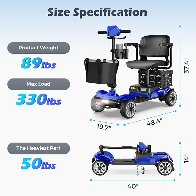 Mobility Scooter for Adults & Seniors with Removable Battery, Cruise & Airport Approved, Foldable Motorized Scooters with Dual Basket, Phone & Cup Holder, Blue