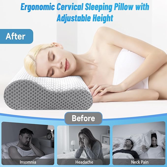 CloudBliss Memory Foam Pillow, Ergonomic Neck Contour Cervical Pillow for Back and Shoulder Pain, Orthopedic Pillow for Neck Pain Relief, for Sleeping Side, Back, Stomach Sleepers - Grey, Queen