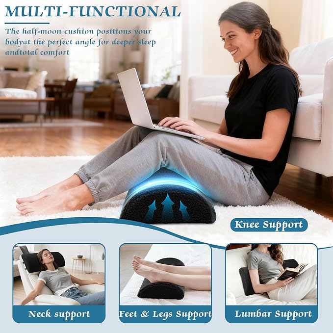 Queekay Recliner Leg Rest Cushion Large Half Moon Bolster Pillow 22.8 x 9.84 x 4 Inch Lumbar Support Pillow Bed Sleeping Semi Roll for Legs, Knees, Lower Back, Ankle and Foot Washable Cover(Black)