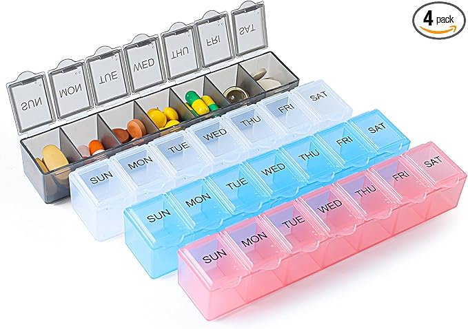 4 Pack Weekly Pill Organizer, 7 Days Pill Case Travel Daily Pill Box Portable Medicine Organizer and Planner with Compartment for Vitamins, Fish Oil, Supplements and Medication (4 Colors)