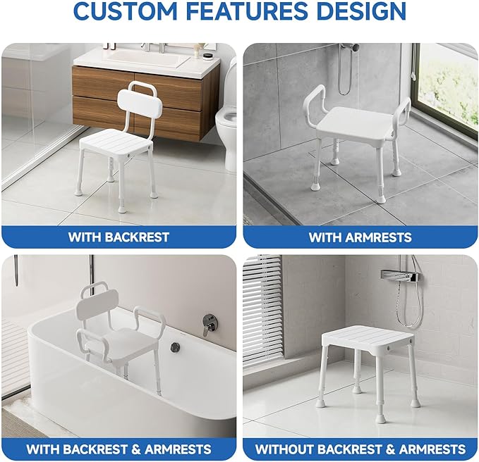 Loyoda Shower Chair for Inside Shower,Bath Chair with Arms and Back,Aluminum Shower Stool for Tub,Slip Resistant Shower Bench,Height-Adjustable Shower Seat with Handles for Seniors,Neutral Gray