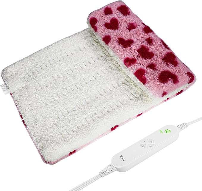 ZXU Sherpa Heating Pad for Back Pain and Cramps Relief Relief, Ultra Soft Cute Heating Pad, 12 Heat Settings, 8 Timer Settings,Stay on Function Hot Heated Pad, Pink Heart Pattern, 12 x 24 Inch