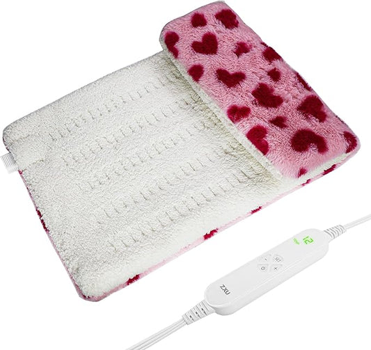 ZXU Sherpa Heating Pad for Back Pain and Cramps Relief Relief, Ultra Soft Cute Heating Pad, 12 Heat Settings, 8 Timer Settings,Stay on Function Hot Heated Pad, Pink Heart Pattern, 12 x 24 Inch