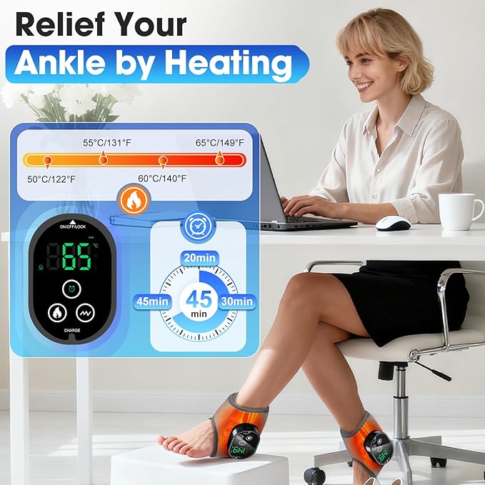 BAISEMAIN 2PCS Foot Renew Massager for Neuropathy - Ankle Heating Pad with Massage, Portable Cordless Design for Home & Travel Use, Gray