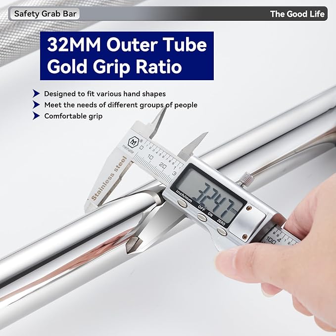 31.5" x 27.5" Floor to Wall Toilet Support Rail with Leg, Anti-Slip Chrome Handicap Grab Bar for Bathroom, Stainless Steel Knurled Safety Handrails, 1.25" Tube for Elderly, Disabled, Pregnant