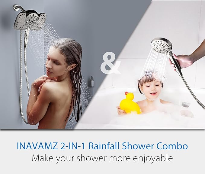 INAVAMZ Nickel 2.5GPM Shower Head with Handheld High Pressure: 10” Rainfall Shower Head & HandHeld Shower Head, 9 Spray Settings Detachable Shower Head with ON/OFF Switch and 15-Stage Filter