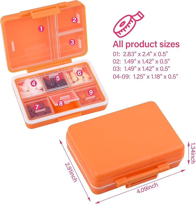 9-Grid Pill Organizer,Portable Pill Box,Large Capacity Compartments,Travel Pill Container,Medicine Dispenser,Pill Purse,Pill Case for Vitamins, Fish Oils or Supplements（Orange）