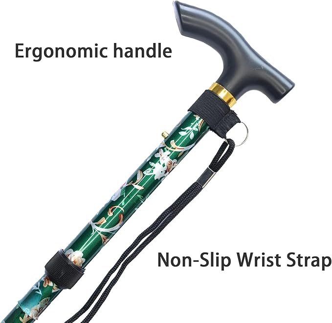 Folding Cane, 5-Level Adjustable Height Lightweight Portable Foldable Walking Canes with Wrist Strap and T Handle for Men Women Seniors