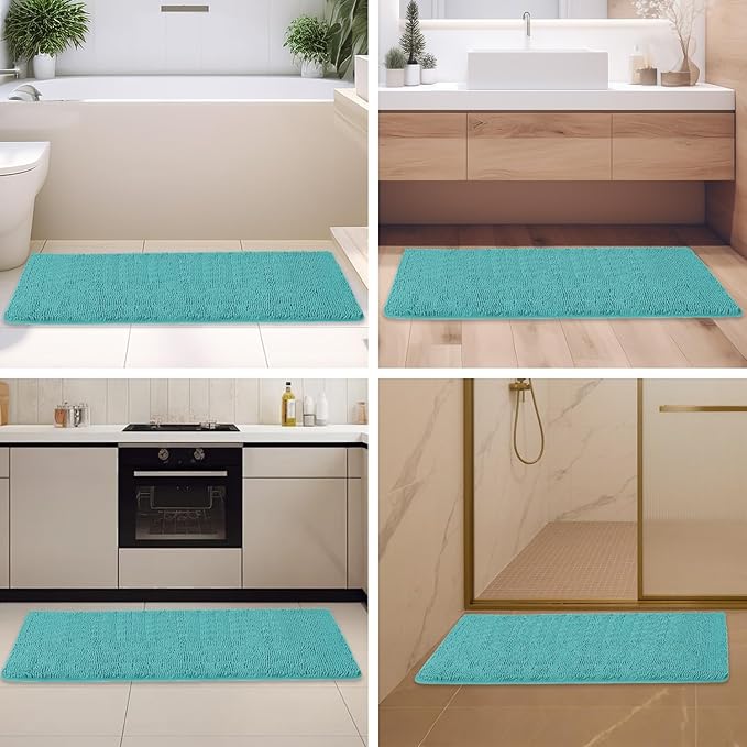 Teal Bathroom Rugs – Absorbent and Washable Bath Mat, Non-Slip, Thick Soft Chenille Bath Rugs for Bathroom Floor, Shower, Sink - 26" x 44"